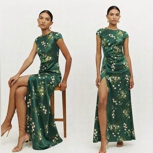 Reformation Green Floral Maxi Dress with Side Slit
